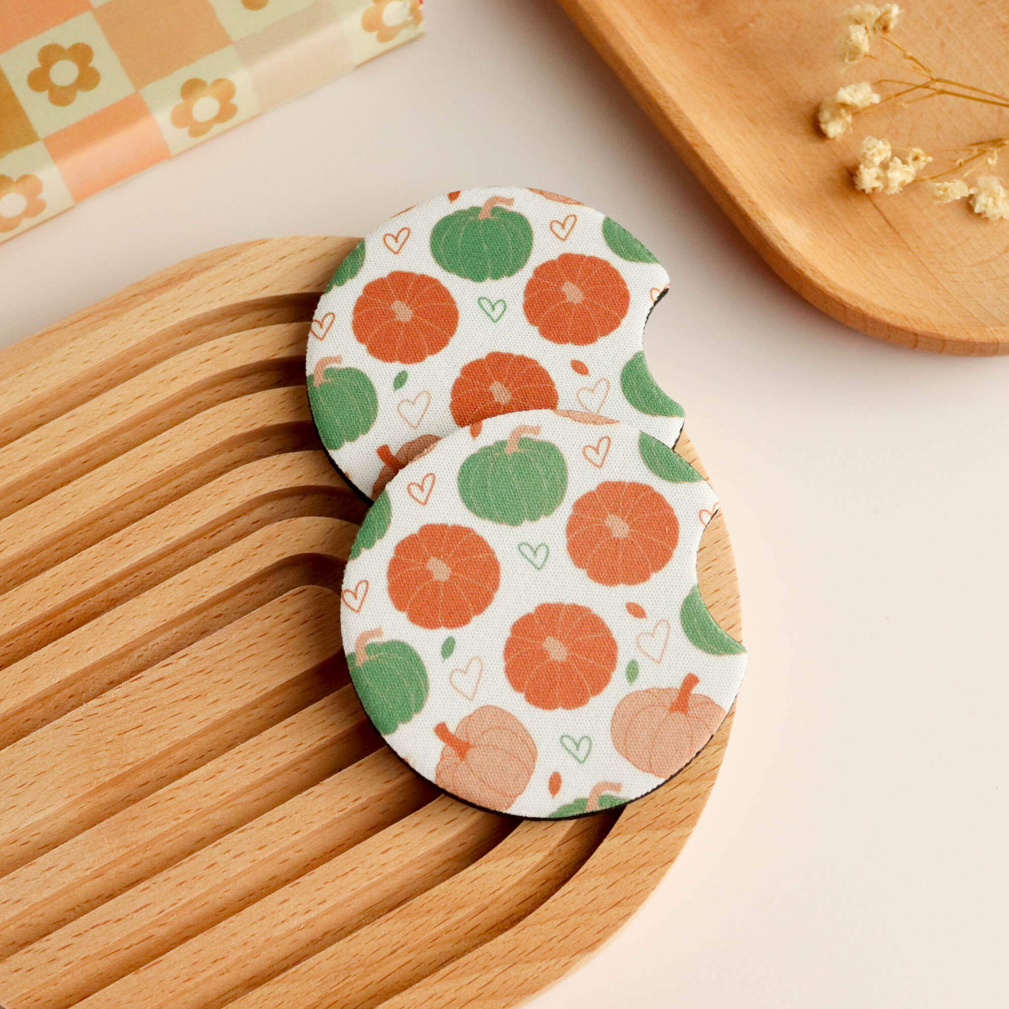 Pumpkin and Hearts Fall Car Coaster (Set of 2)