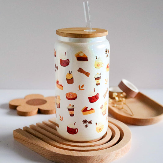 Pumpkin Spice Fall Iridescent Glass Cup with Bamboo Lid