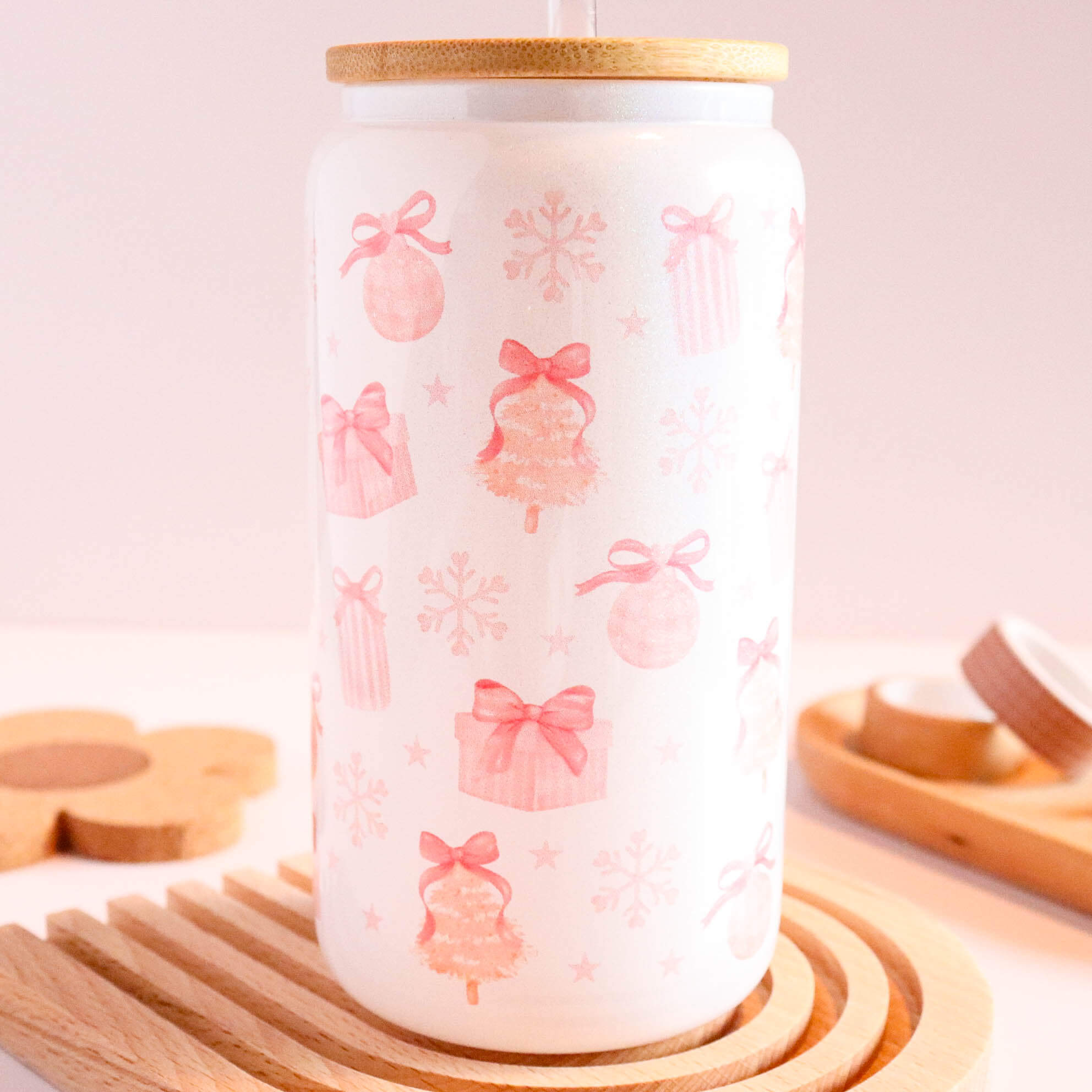 Pink Christmas Trees and Bows Coquette Iridescent Glass Cup with Bamboo Lid and Straw