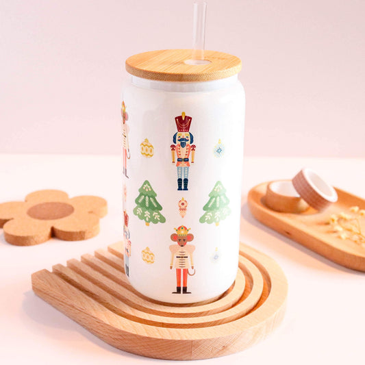 Nutcracker and Mouse King Iridescent Glass Cup with Bamboo Lid and Straw