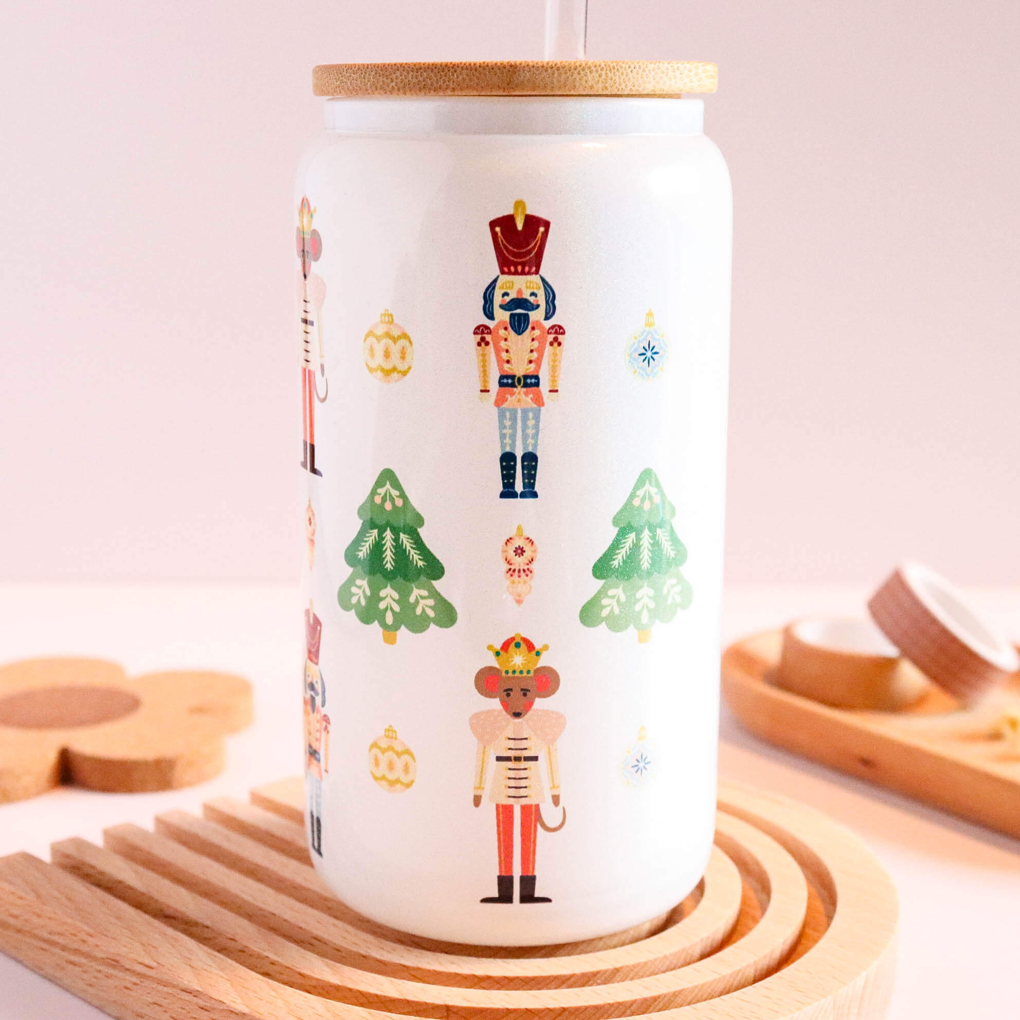 Nutcracker and Mouse King Iridescent Glass Cup with Bamboo Lid and Straw