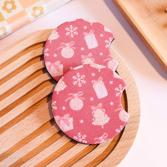 Pink Christmas Trees and Bows Coquette Car Coaster (Set of 2)